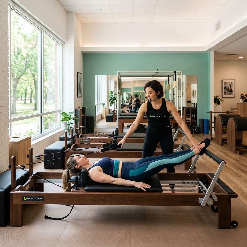 Ambiente de um estúdio VOLL, com aparelhos de Pilates