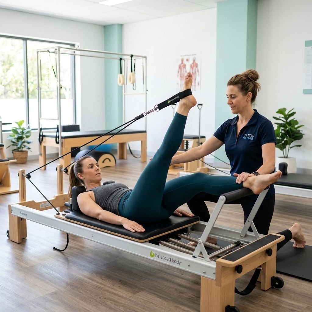 Aula de Pilates no aparelho Reformer